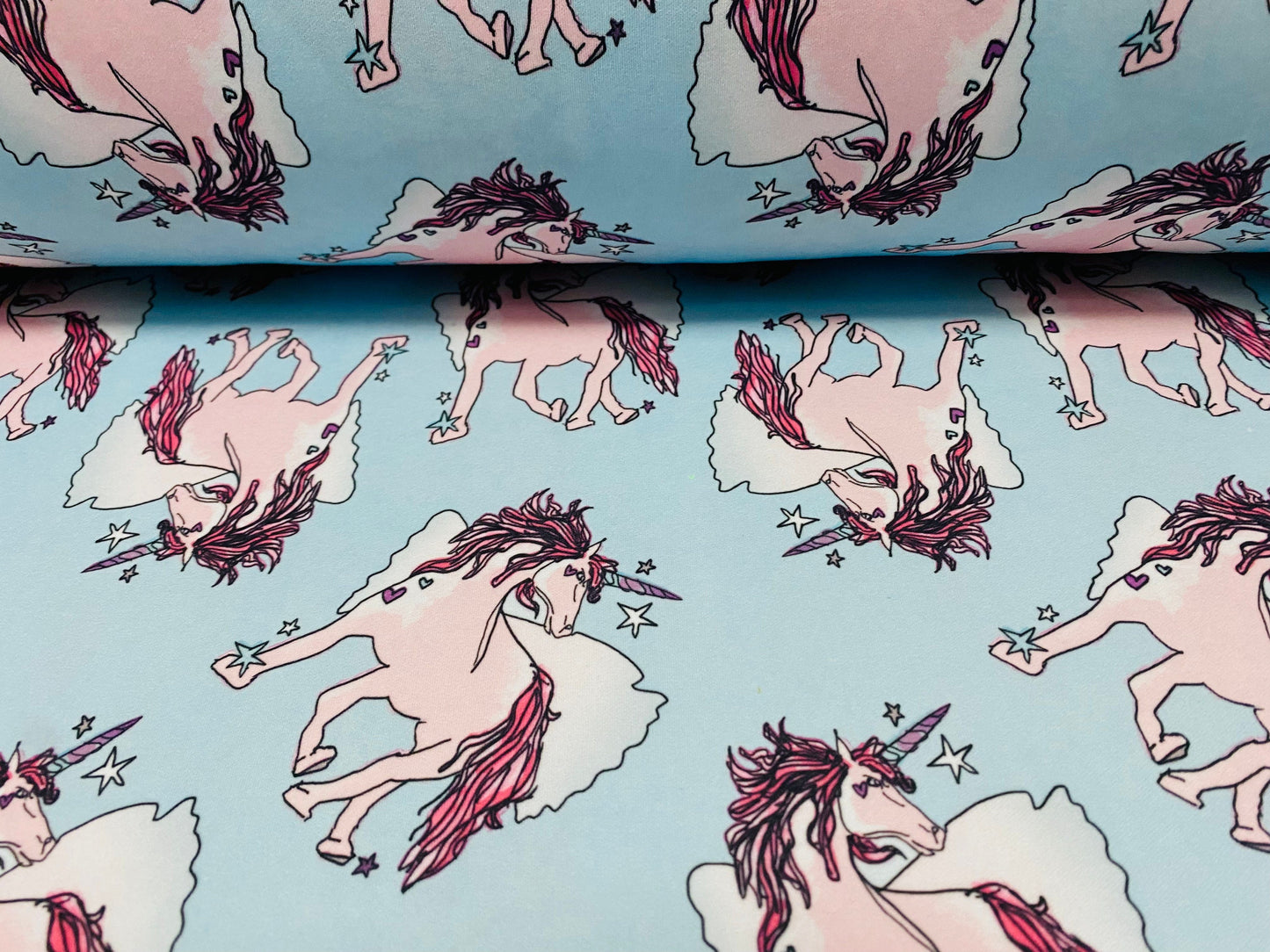 Scuba stretch spandex jersey neoprene style fabric, per metre - Unicorn print - Sky blue & pink