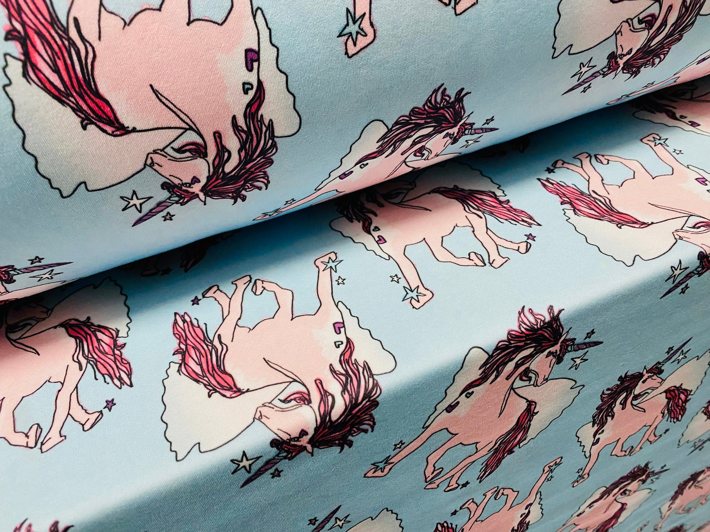 Scuba stretch spandex jersey neoprene style fabric, per metre - Unicorn print - Sky blue & pink