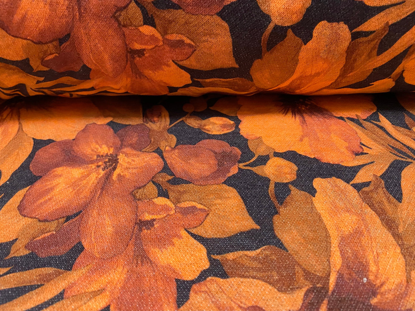 Soft Loopback jersey knitwear fabric, per metre - floral print - Orange & black