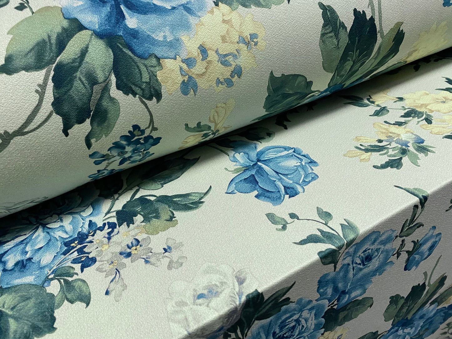 Stretch Spandex crepe jersey fabric, per metre - Rose flower print - blue & mint