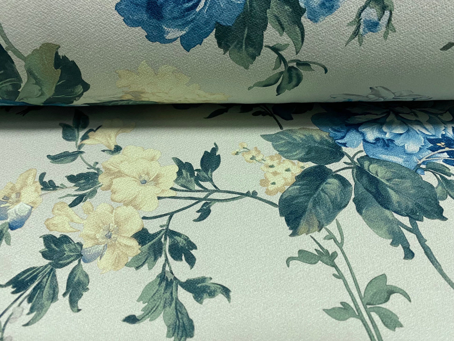 Stretch Spandex crepe jersey fabric, per metre - Rose flower print - blue & mint
