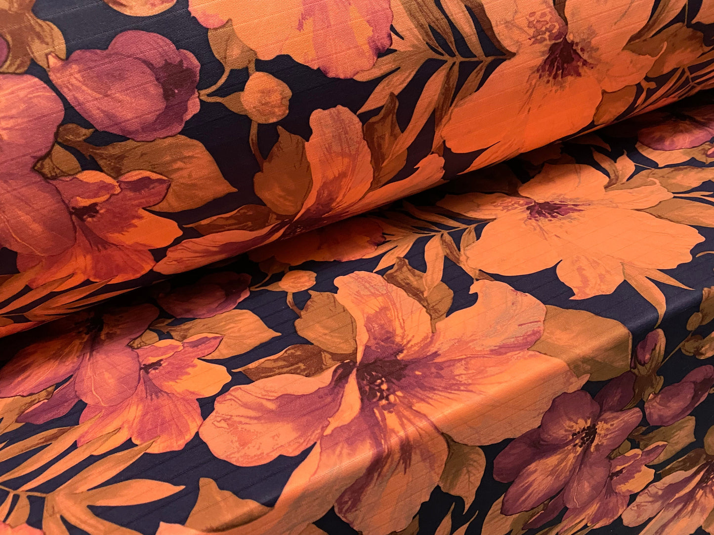Scuba ribbed spandex neoprene style stretch jersey fabric, per metre - Lily tropical flower print -coral & magenta