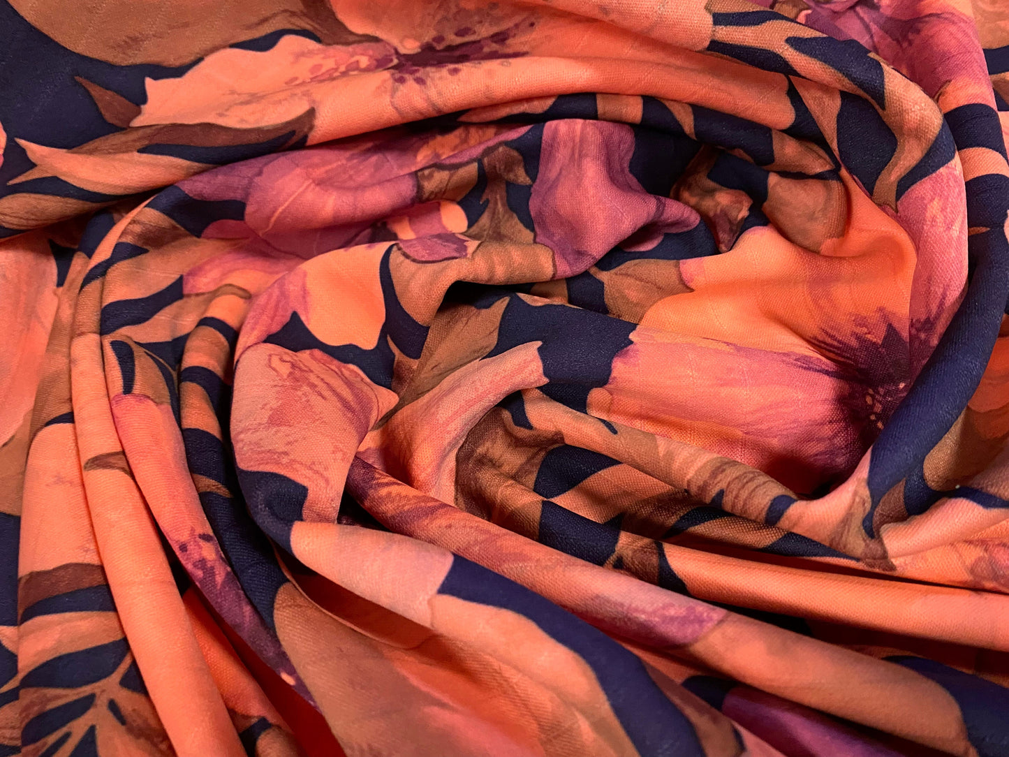Scuba ribbed spandex neoprene style stretch jersey fabric, per metre - Lily tropical flower print -coral & magenta