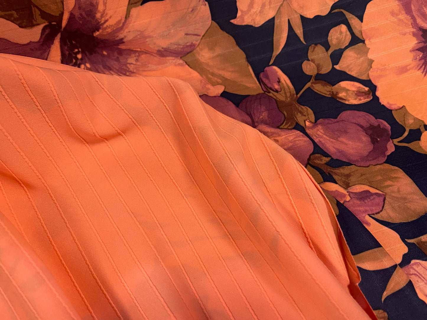 Scuba ribbed spandex neoprene style stretch jersey fabric, per metre - Lily tropical flower print -coral & magenta