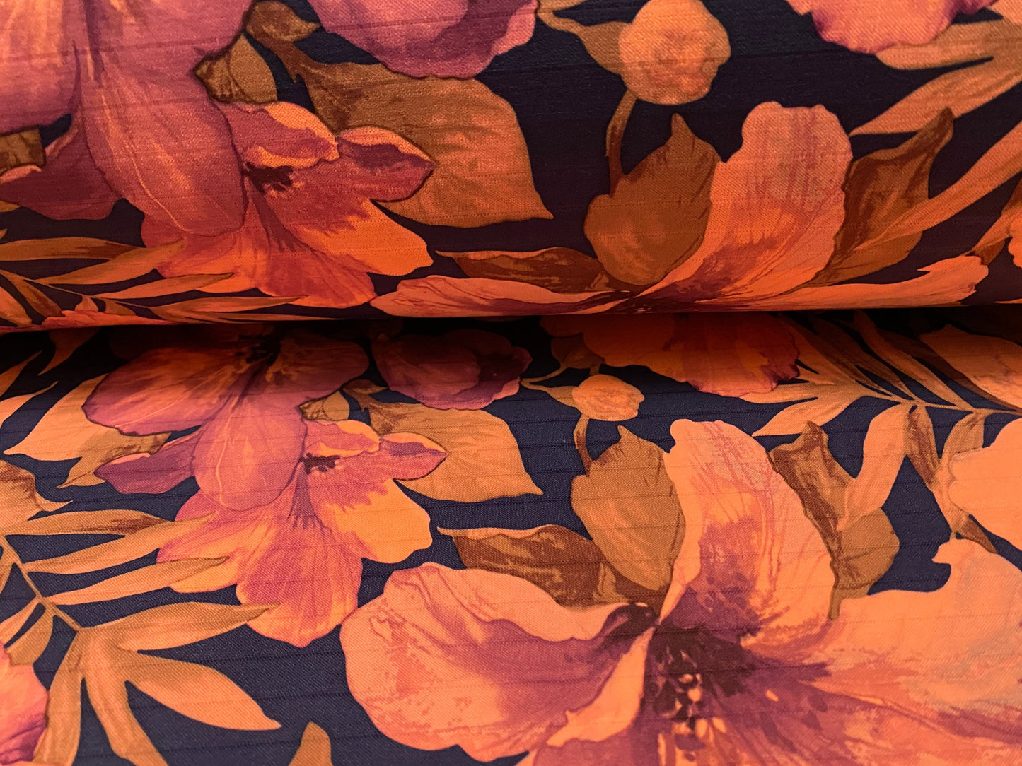 Scuba ribbed spandex neoprene style stretch jersey fabric, per metre - Lily tropical flower print -coral & magenta