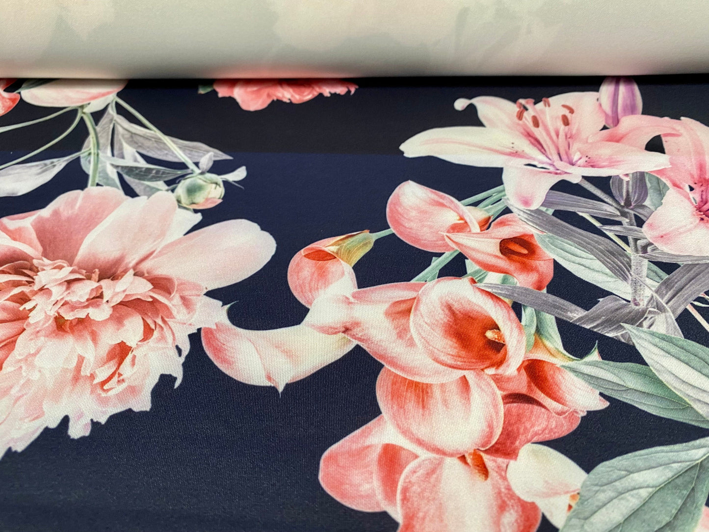 Scuba stretch spandex jersey neoprene style fabric, per metre - Lily flower print - Navy & pink