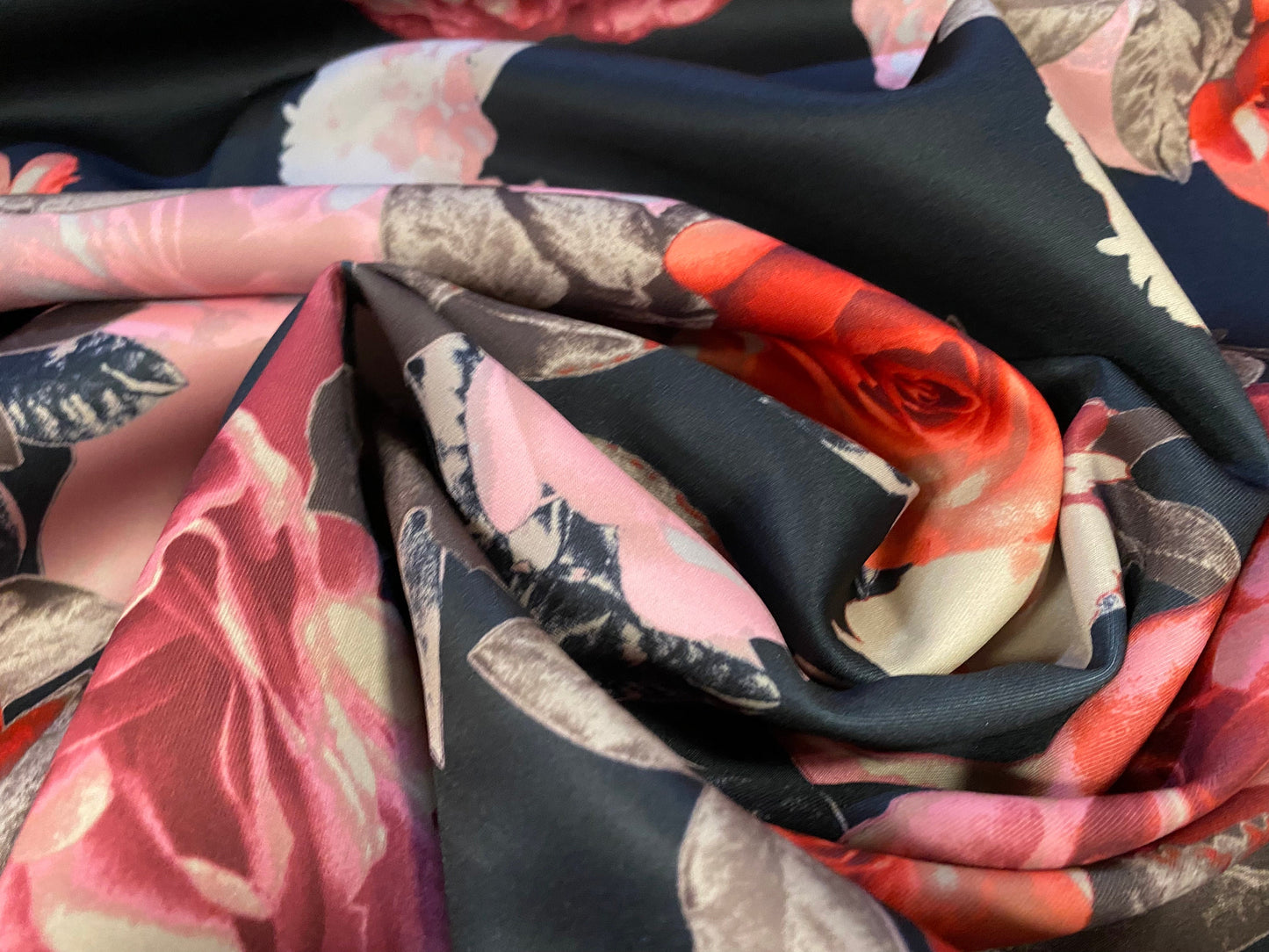 Scuba stretch spandex jersey neoprene style fabric, per metre - Roses digital,print - black pink orange