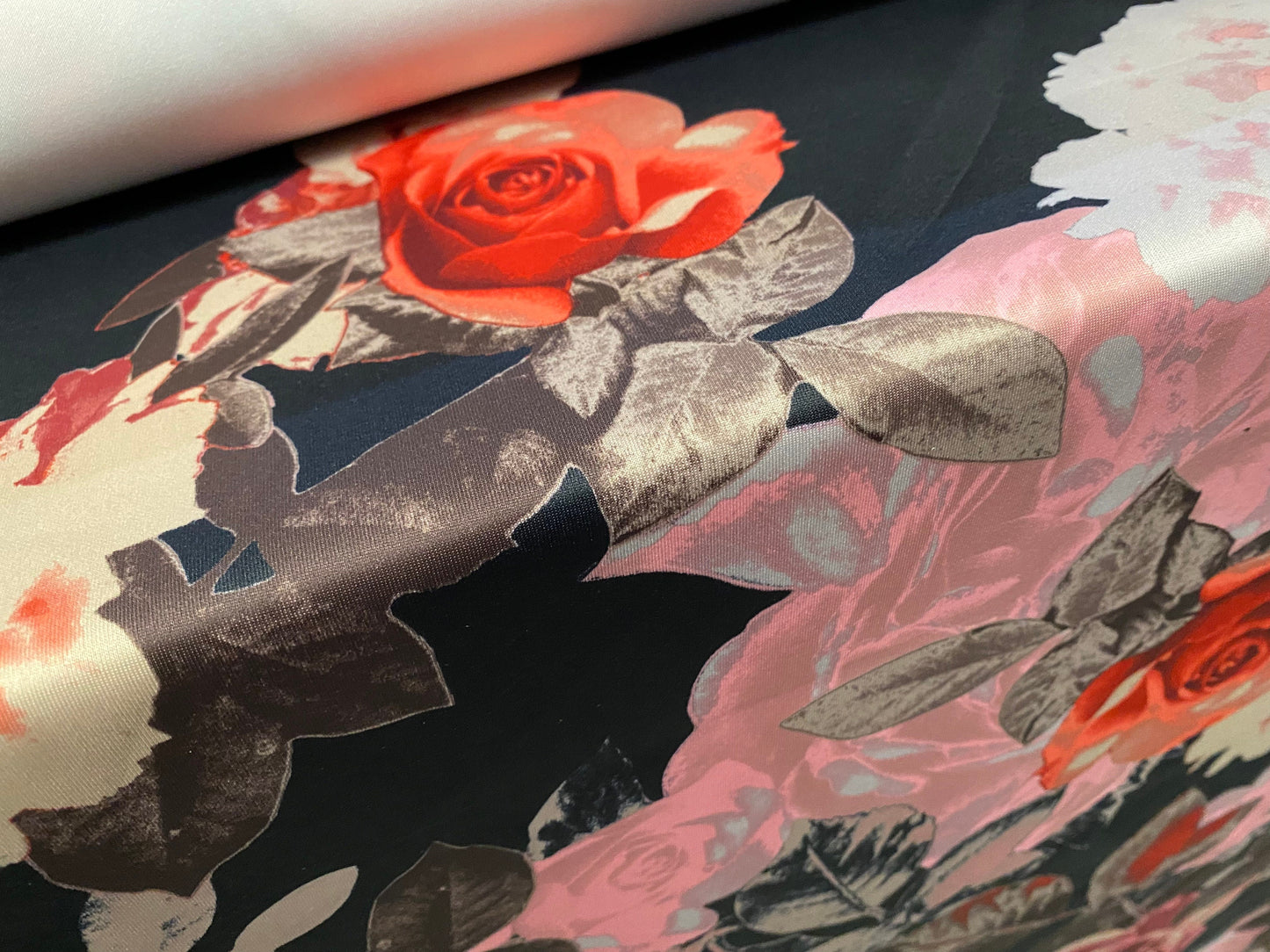 Scuba stretch spandex jersey neoprene style fabric, per metre - Roses digital,print - black pink orange
