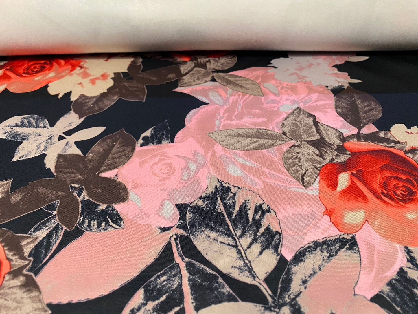 Scuba stretch spandex jersey neoprene style fabric, per metre - Roses digital,print - black pink orange