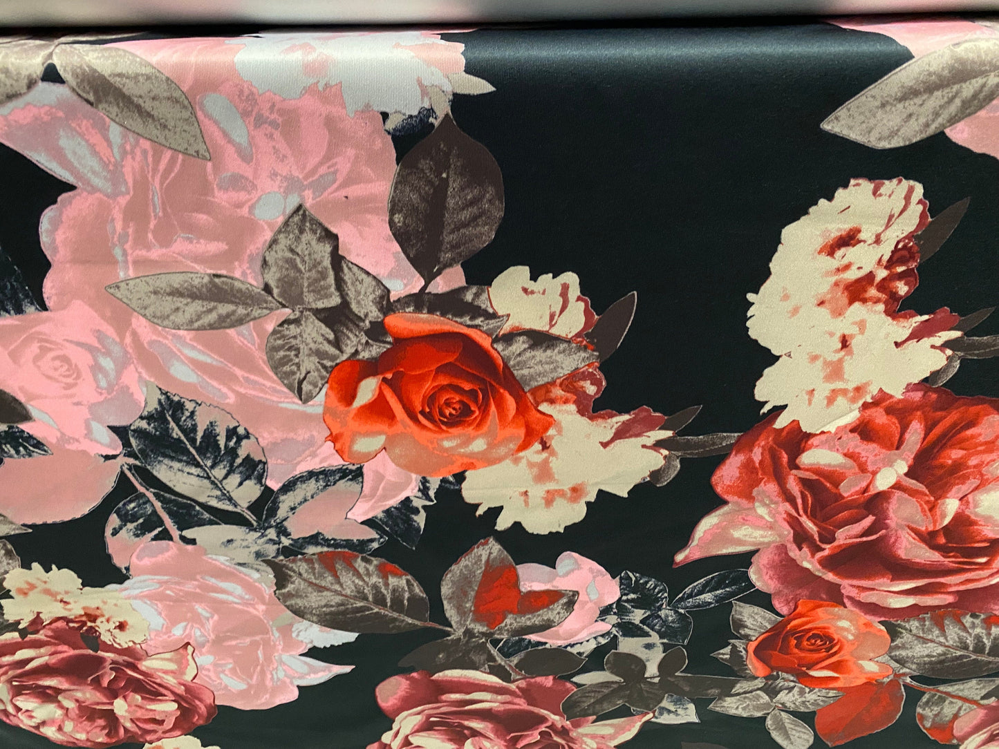 Scuba stretch spandex jersey neoprene style fabric, per metre - Roses digital,print - black pink orange