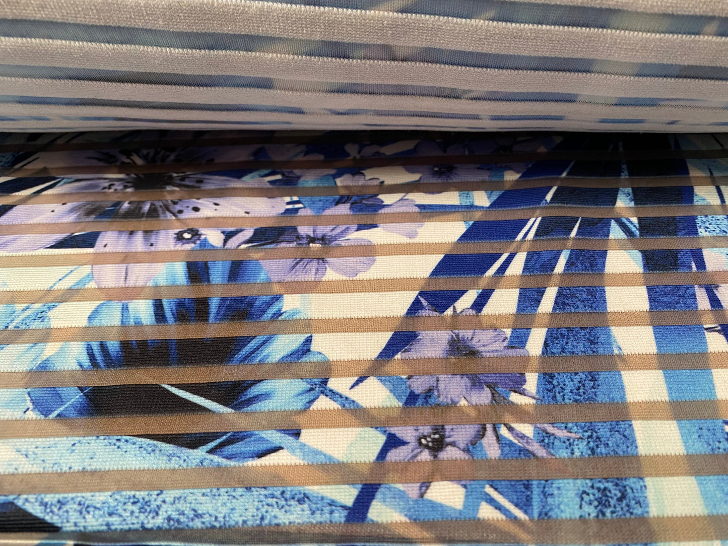 Ottoman rib burnout stripe jersey fabric , per metre - Lily flower print - blue lavender