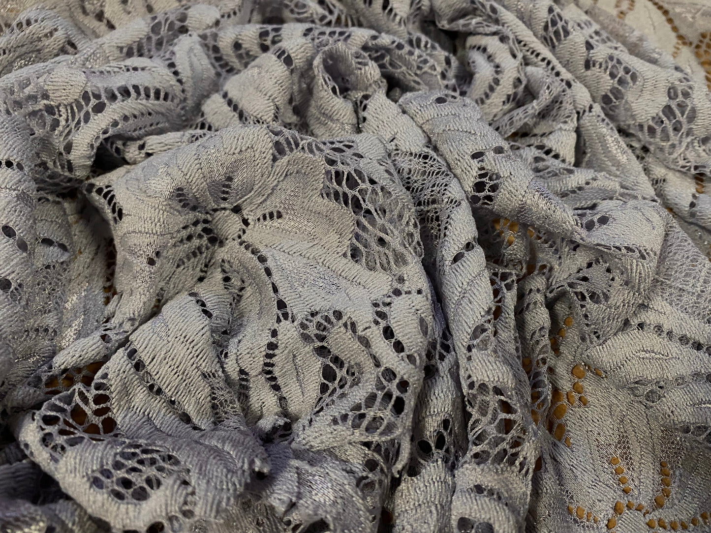 Soft handle stretch lace dress fabric with scalloped selvedge, per metre - grey