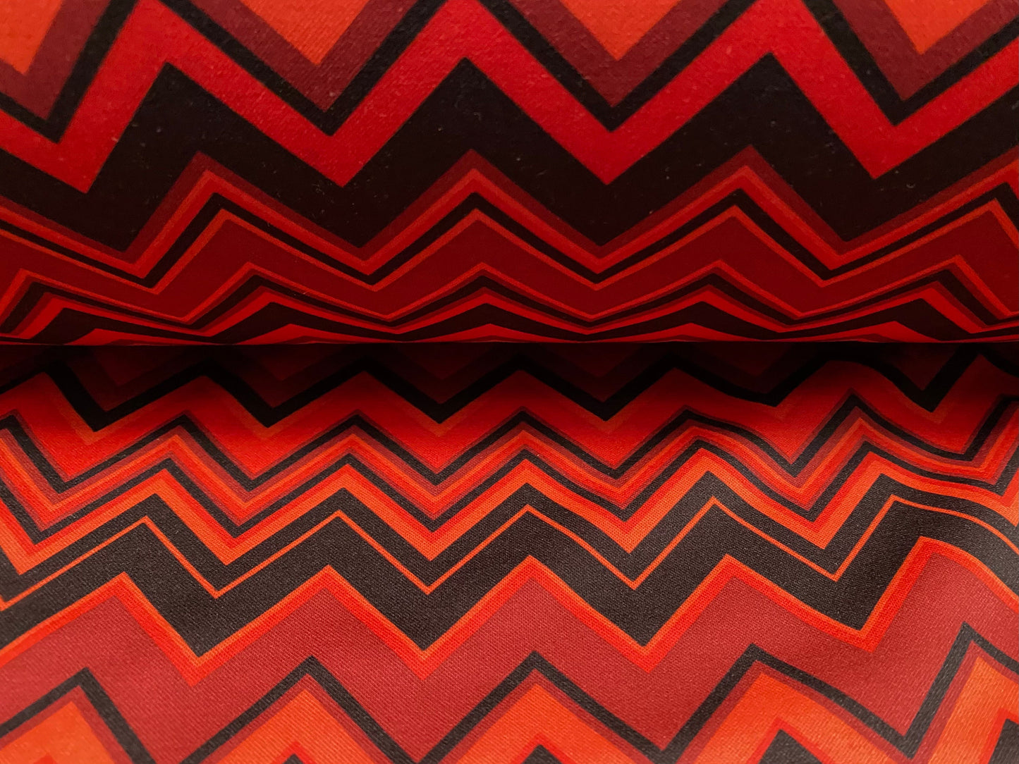 Scuba spandex stretch neoprene style jersey fashion fabric, per metre - Chevron print - dark orange & black