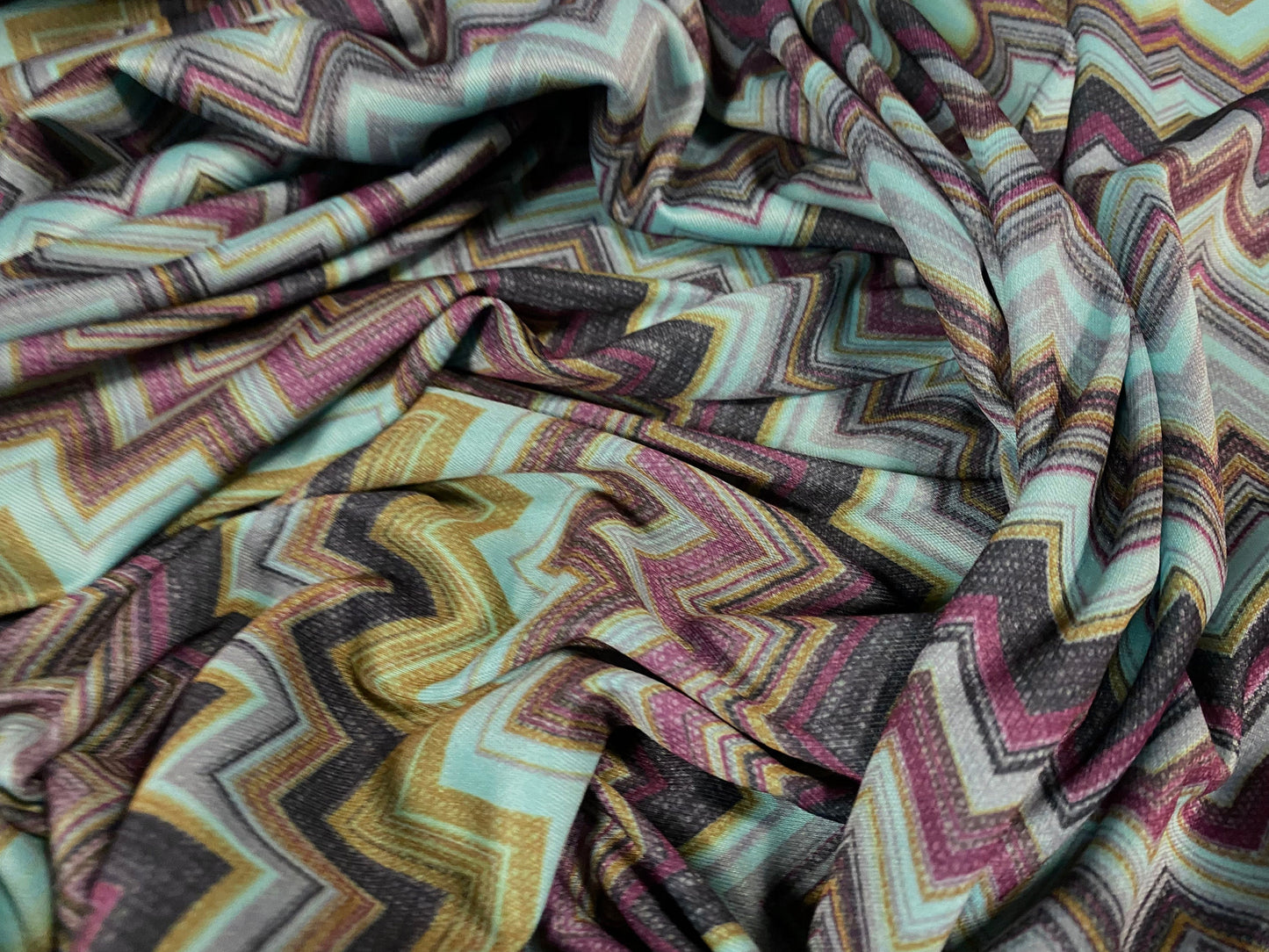 Single jersey fashion fabric - 60 inches wide - chevron zigzag print - turquoise & purple