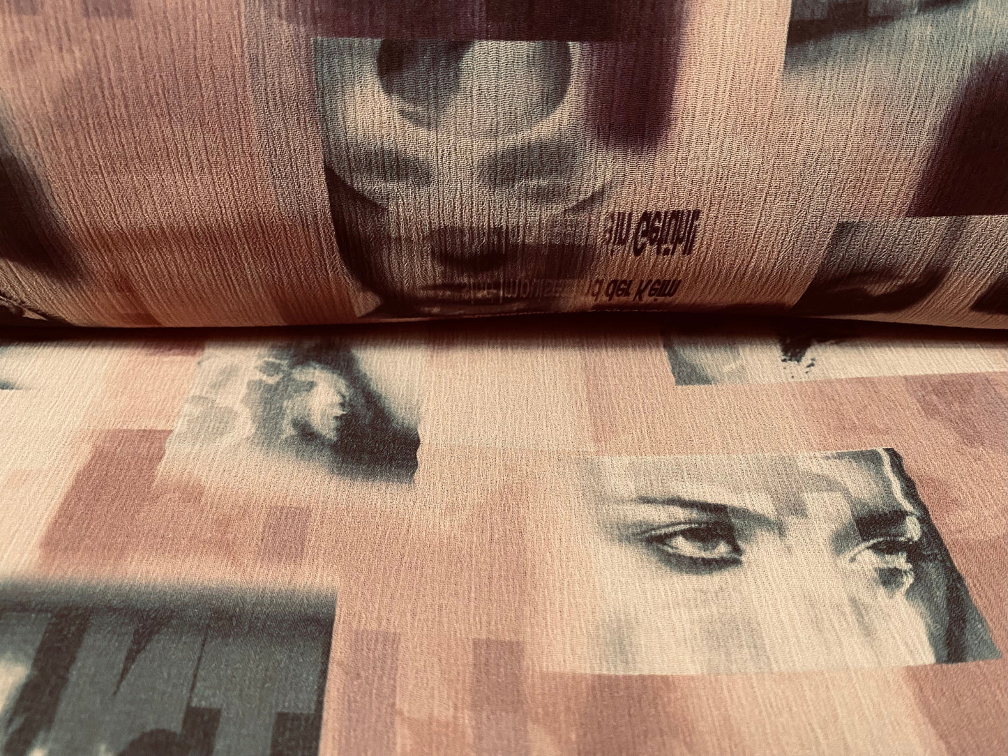 Printed chiffon yoryu dress blouse fabric, per metre - eye contact print - pink purple
