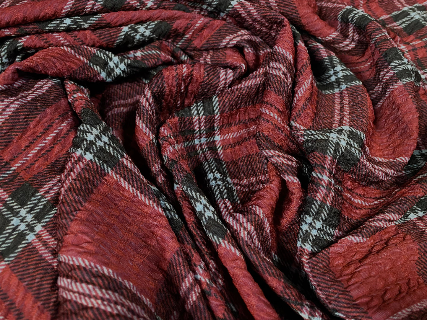 jacquard double jersey knit spandex dress fabric, per metre - tartan check print - red & Sky blue