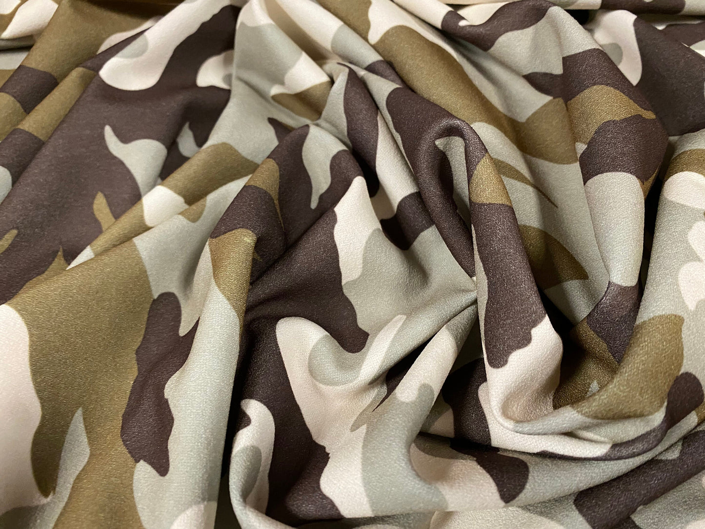 Scuba crepe stretch spandex jersey dress fabric, per metre - camouflage army print - green & brown