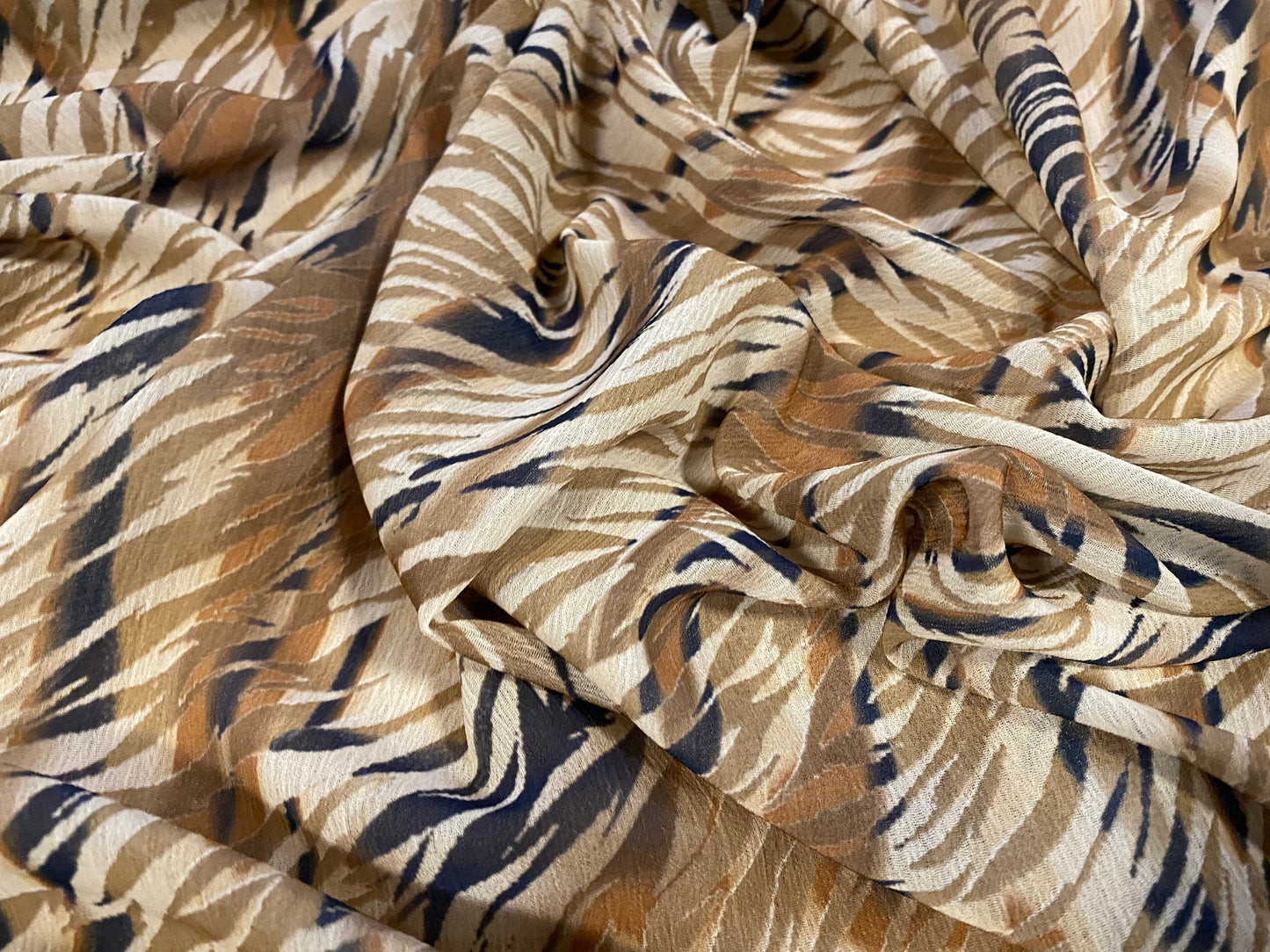 Printed chiffon yoryu dress blouse fabric, per metre - stylised zebra print - Black & tan