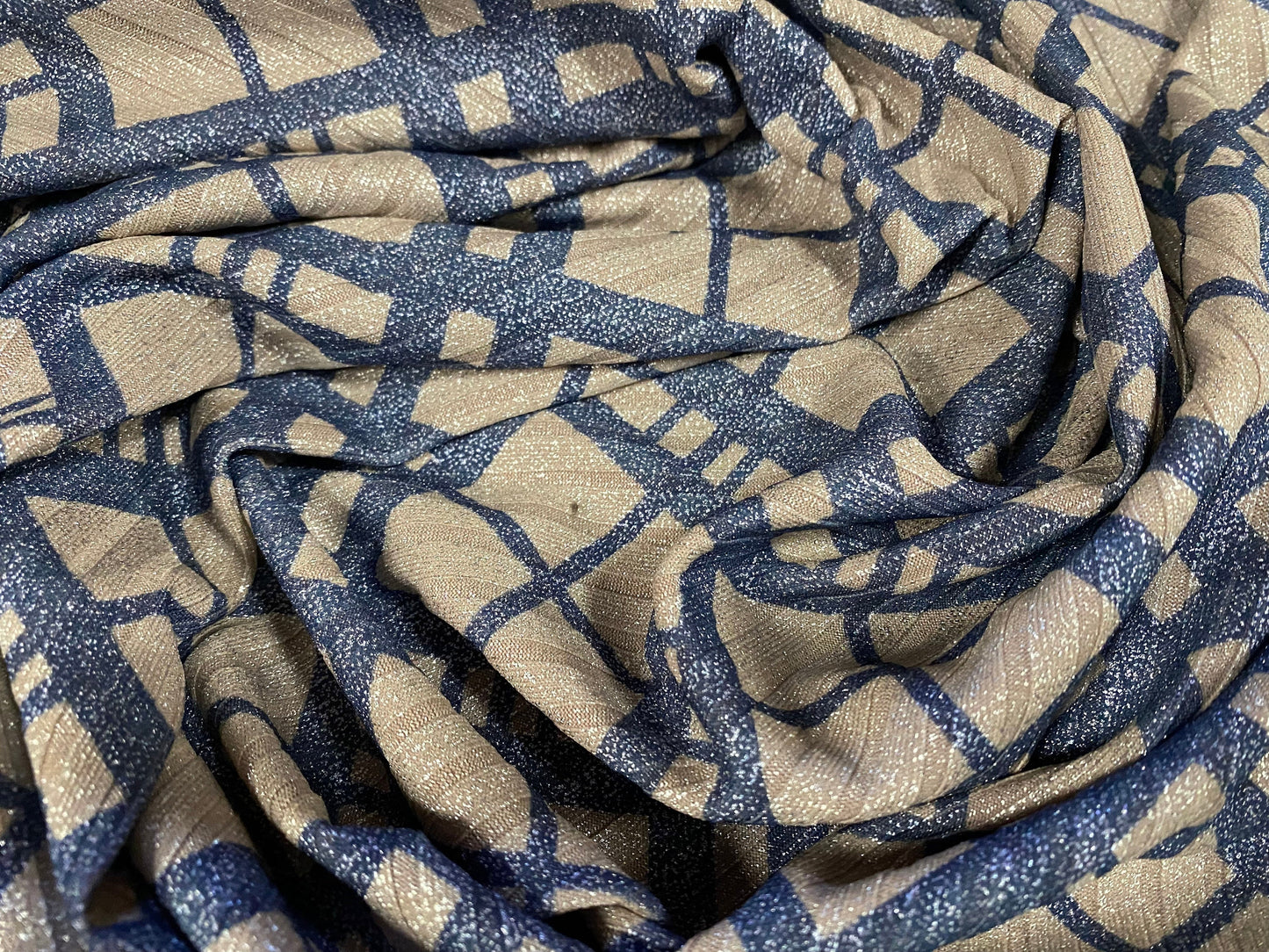 Metallic Spandex rib jersey fabric, per metre - diamond check argyle print - Stone & blue