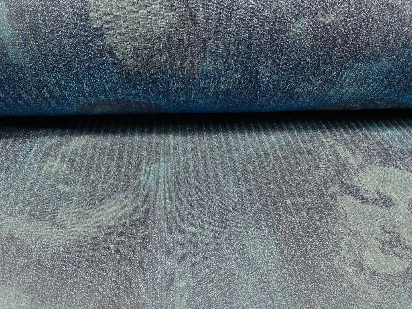 Metallic Spandex rib jersey fabric, per metre - women and angels print - blue