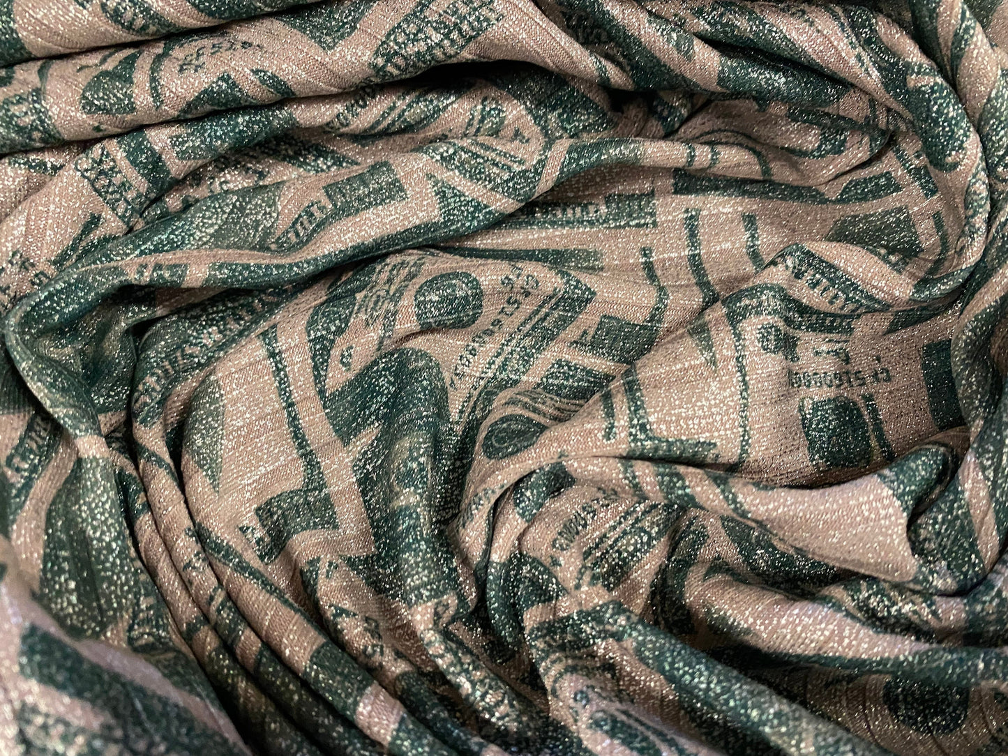 Metallic Spandex rib jersey fabric, per metre - hundred dollar bill banknote print