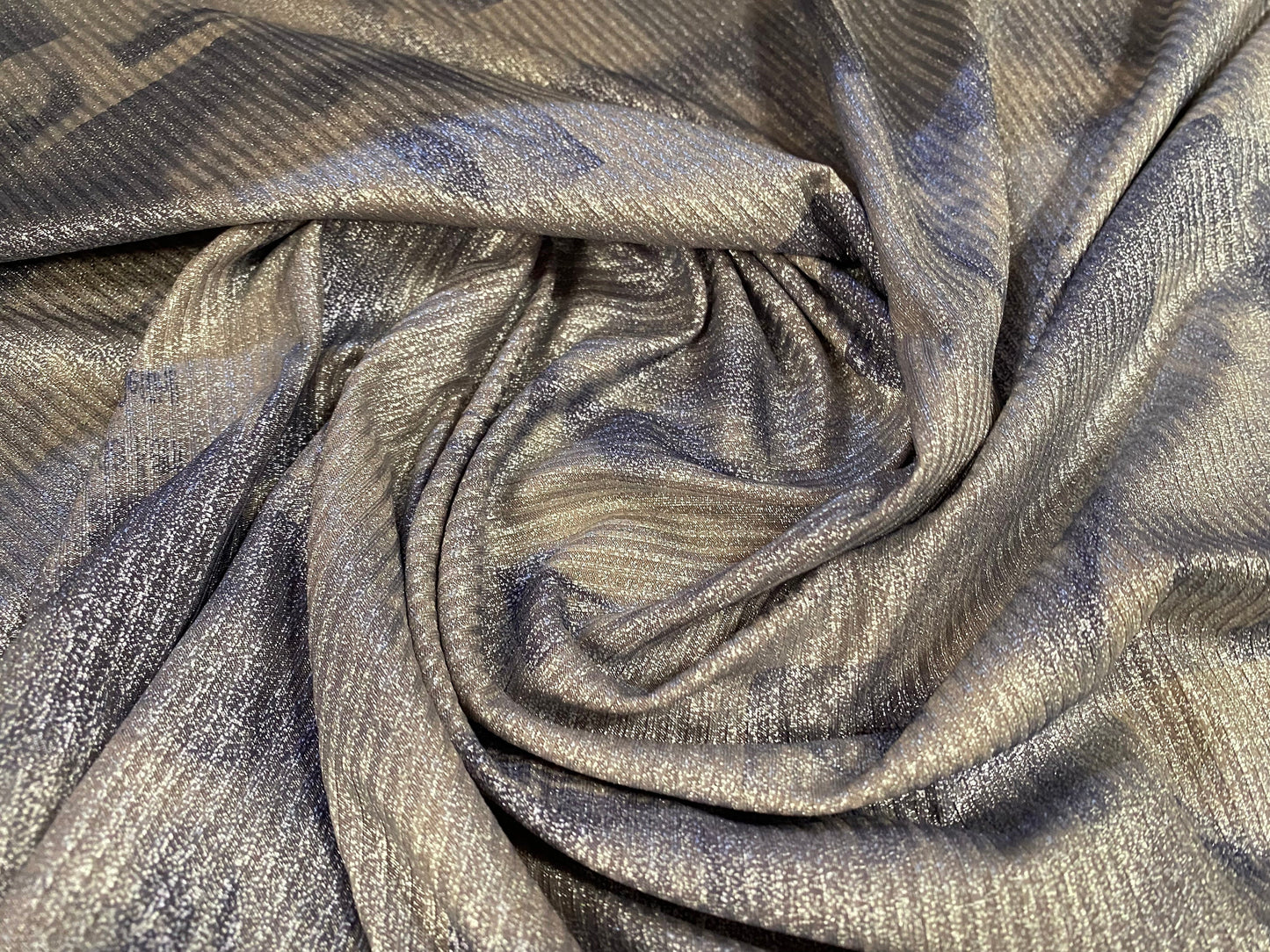 Metallic Spandex rib jersey fabric, per metre - eye contact print - grey blue
