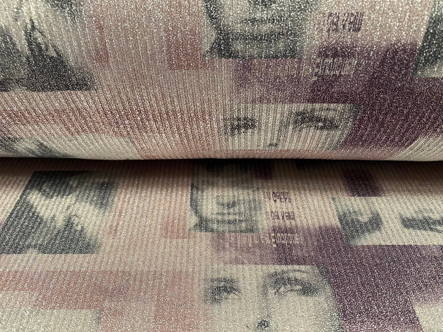 Metallic Spandex rib jersey fabric, per metre - eye contact print - pink purple