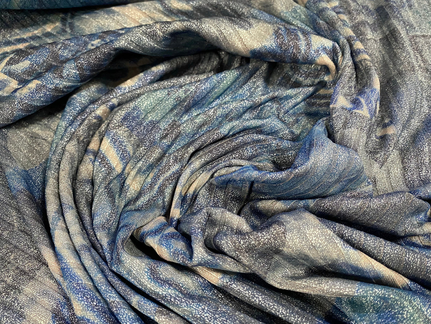 Metallic Spandex rib jersey fabric, per metre - festival graffiti print - blue
