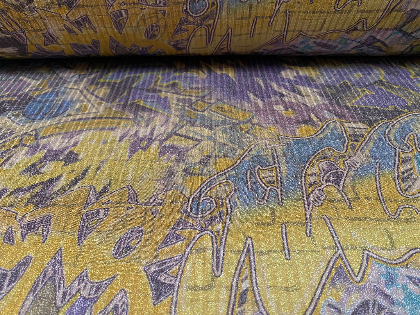Metallic Spandex rib jersey fabric, per metre - graffiti street art print - yellow purple