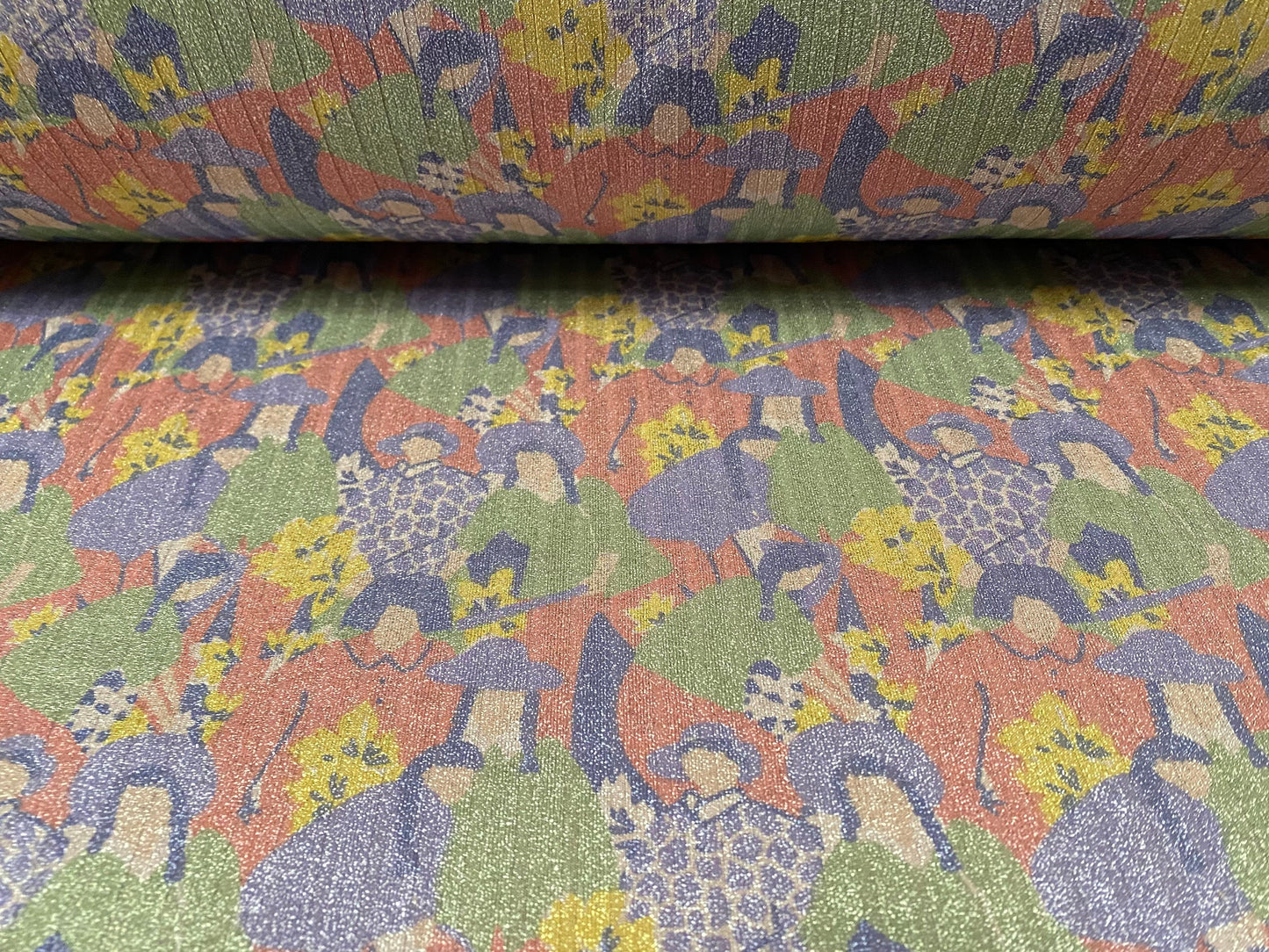 Metallic Spandex rib jersey fabric, per metre - flower women with pigtails print - pink green blue