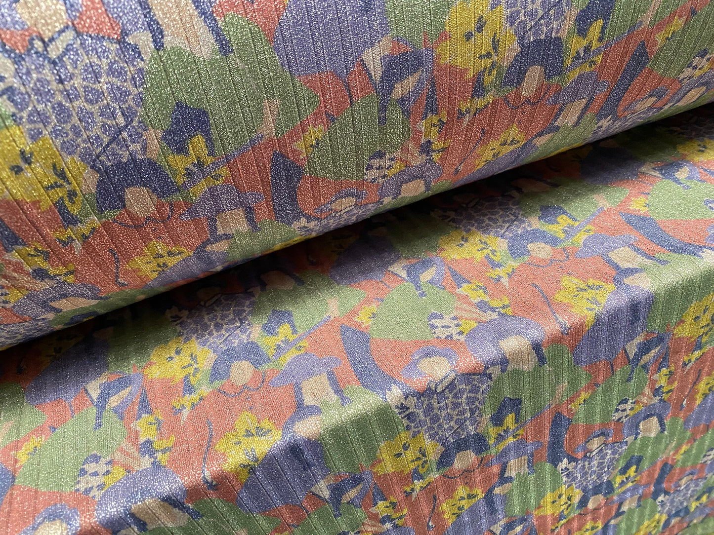 Metallic Spandex rib jersey fabric, per metre - flower women with pigtails print - pink green blue