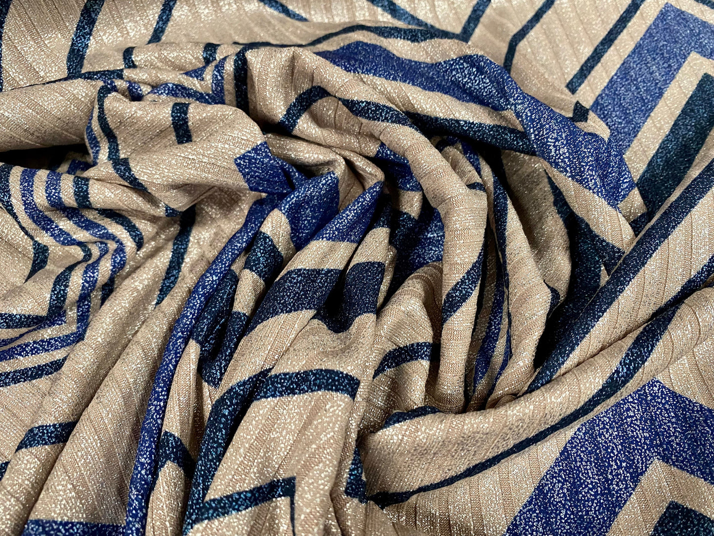 Metallic Spandex rib jersey fabric, per metre - jumbo chevron print - blue stone