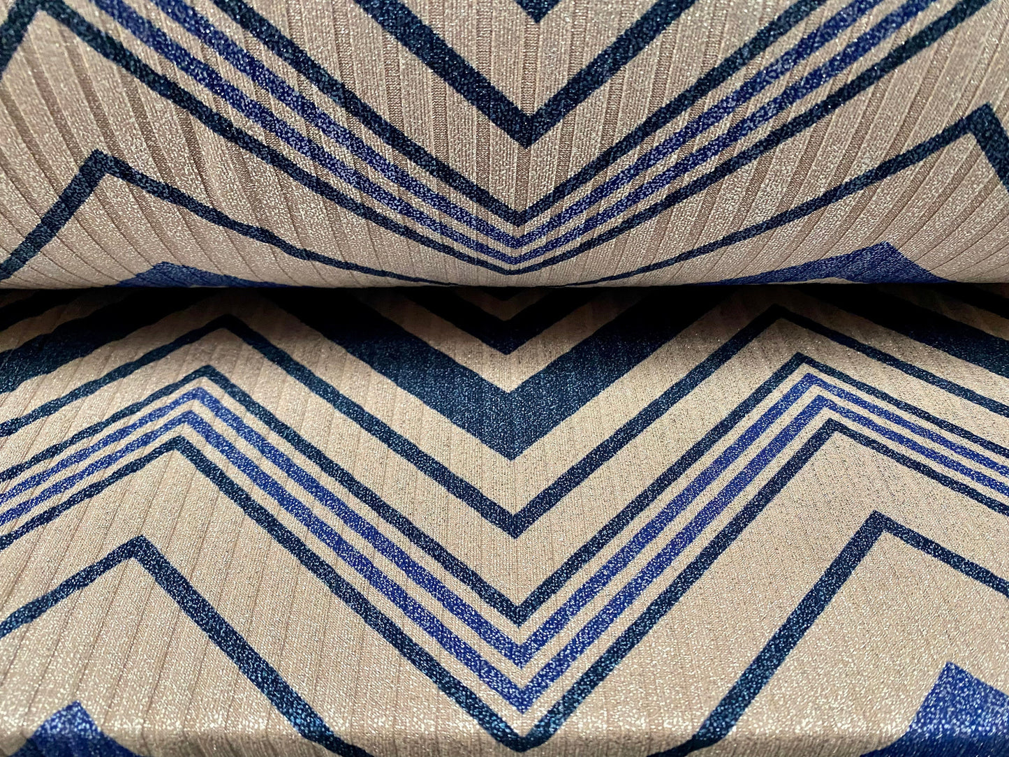 Metallic Spandex rib jersey fabric, per metre - jumbo chevron print - blue stone