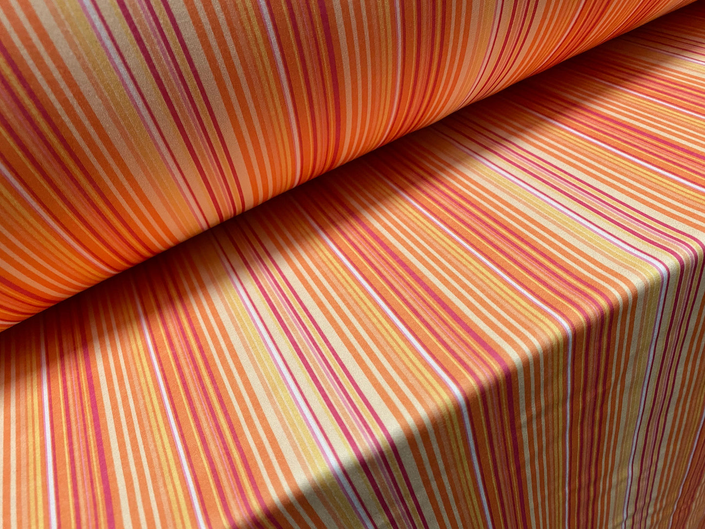Scuba spandex stretch neoprene style jersey fabric, per metre - Orange stripe print