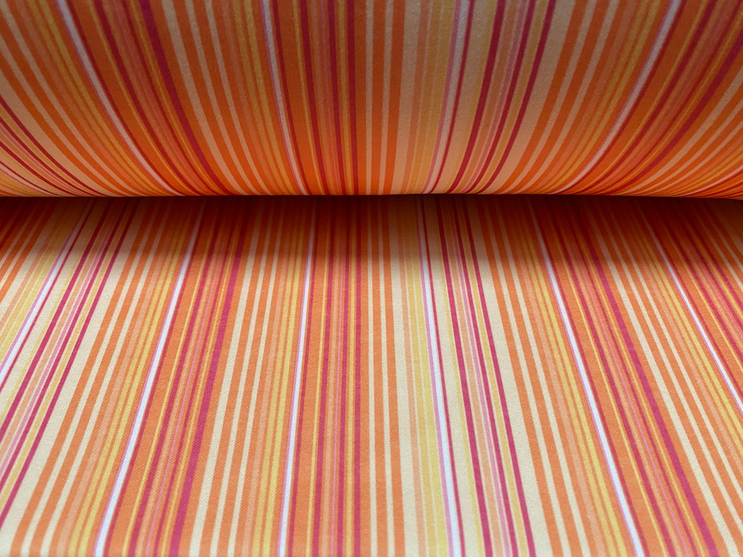 Scuba spandex stretch neoprene style jersey fabric, per metre - Orange stripe print