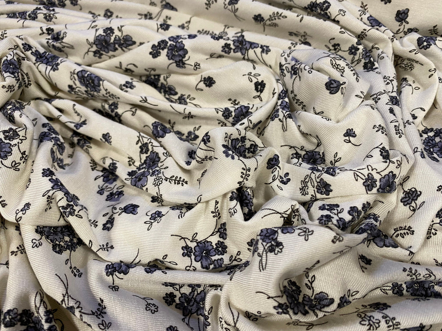 Viscose spandex stretch jersey fabric, per metre - floral ditsy flower print - ivory & grey