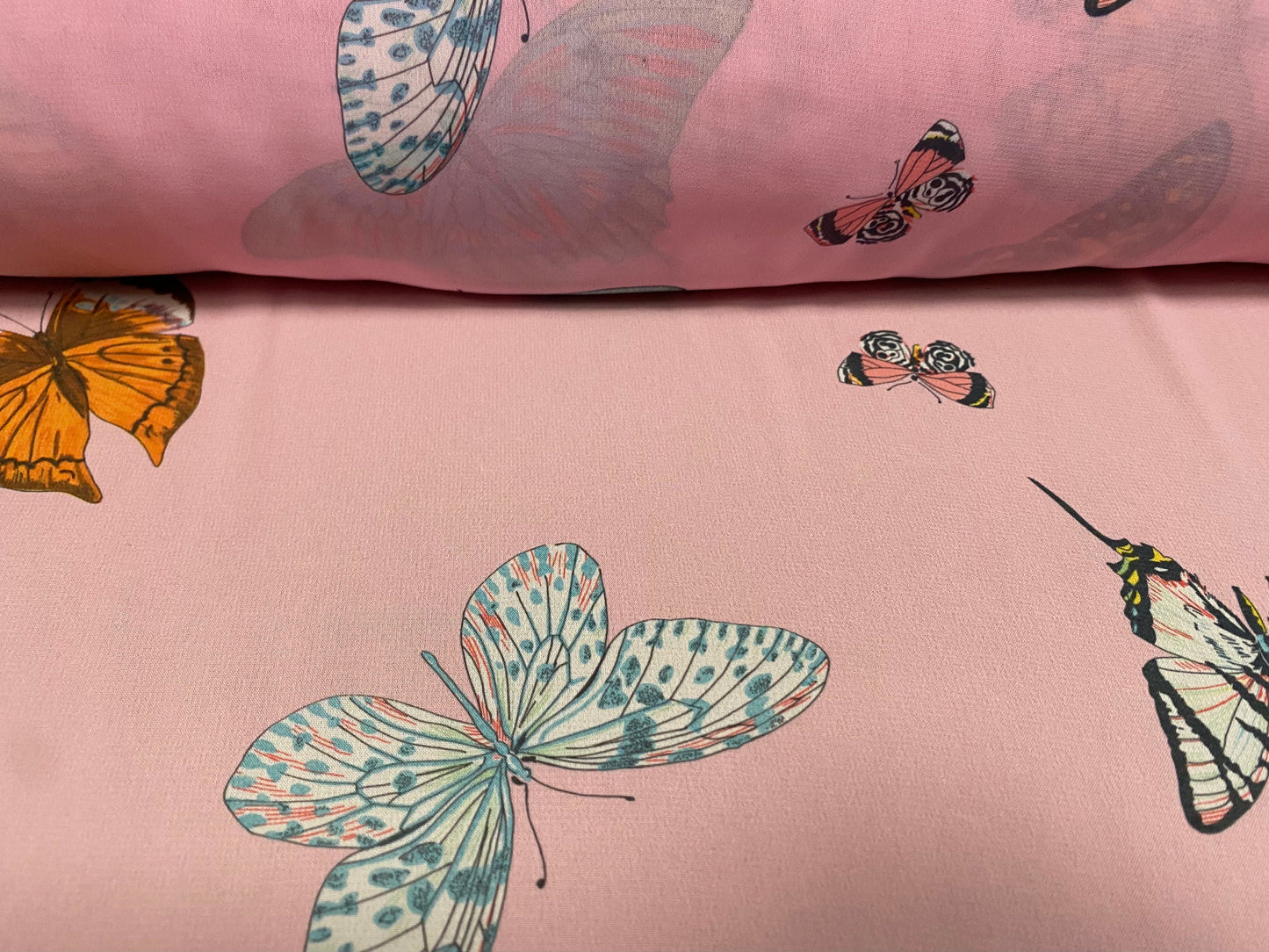 Printed chiffon dress blouse fabric, per metre - butterfly print - pink
