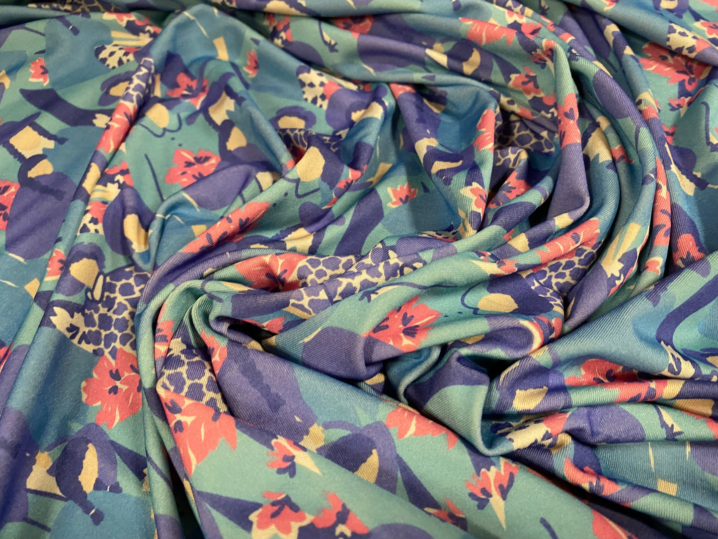 Microfibre spandex stretch jersey dress fabric, per metre - flower women print - turquoise & violet