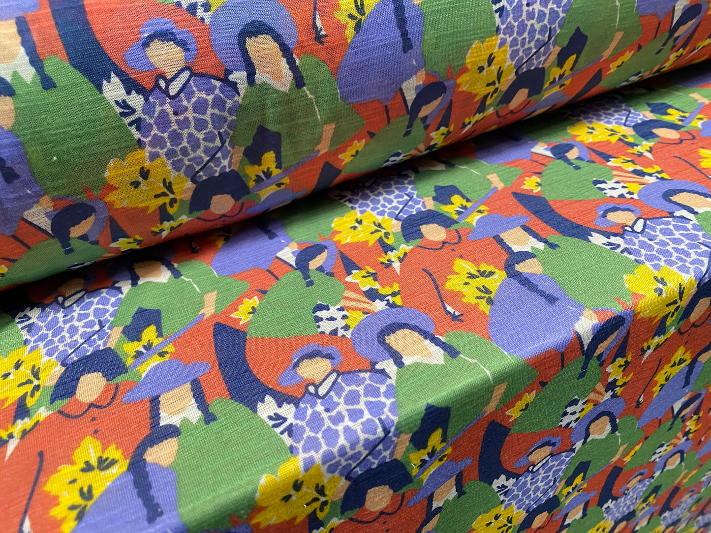 Soft handle slub jersey dress fabric, per metre - flower women print - blue green red