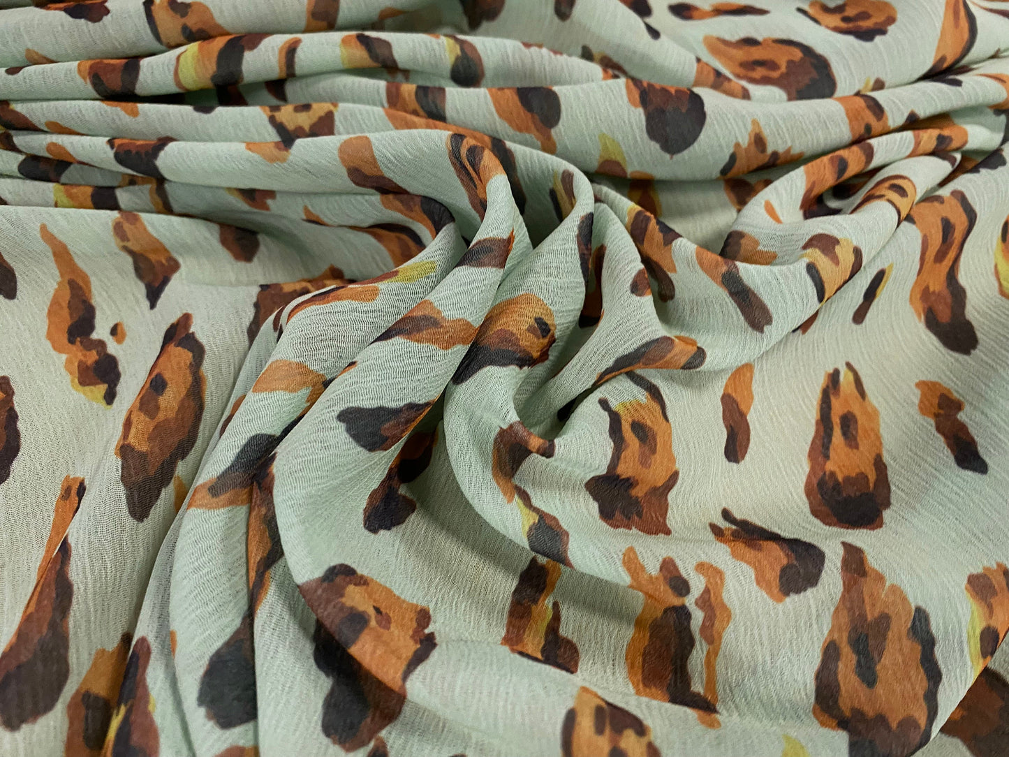 Printed chiffon yoryu dress blouse fabric, per metre - distressed leopardskin patch print - mint green