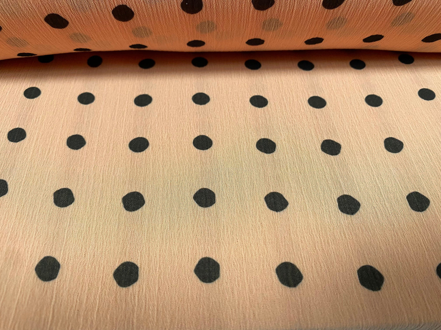 Printed chiffon yoryu dress blouse fabric, per metre - polka dot print - peach & black
