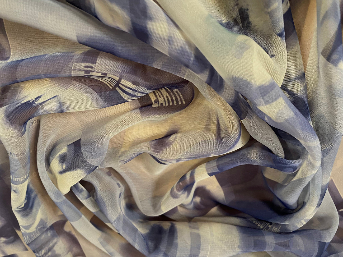 Printed chiffon dress blouse fabric, per metre - eye contact print - blue & dark yellow