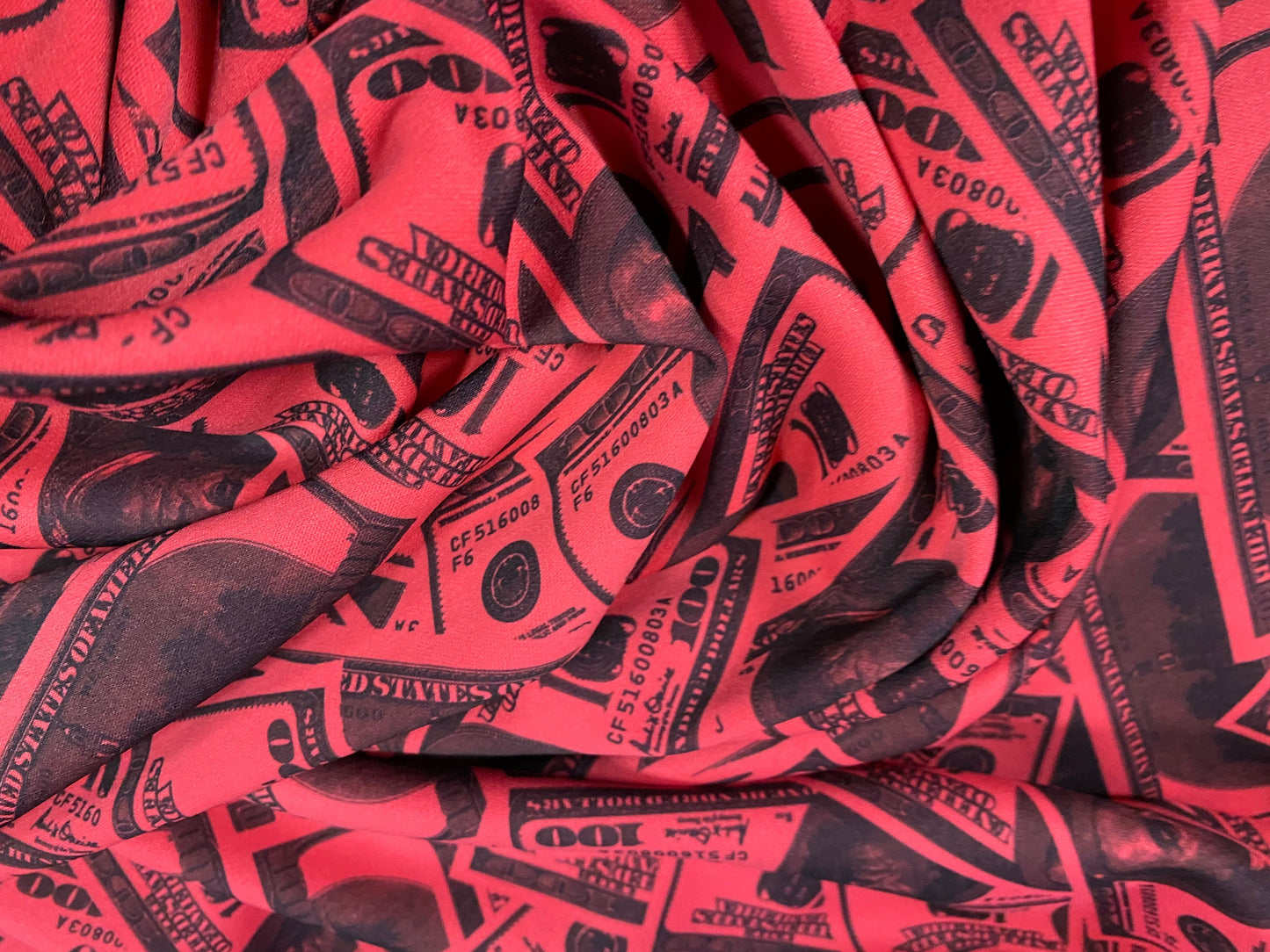 Scuba spandex neoprene style stretch jersey fabric, per metre - hundred dollar bill print - cerise