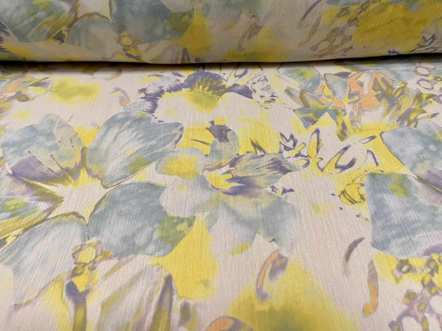 Printed chiffon yoryu dress blouse fabric, per metre - watercolour floral - pastel lemon & blue