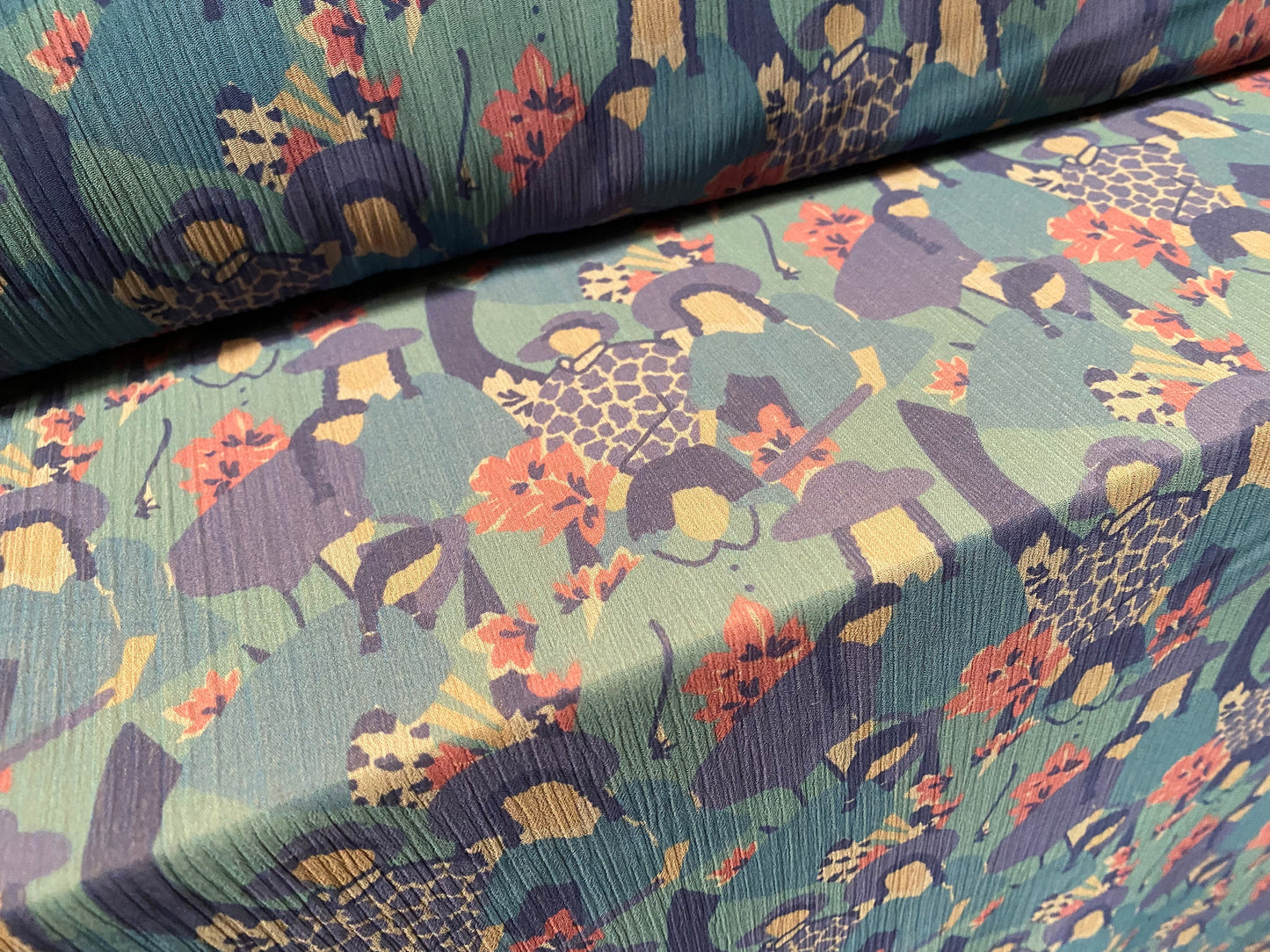 Printed chiffon yoryu dress blouse fabric, per metre - flower women print - teal & pink