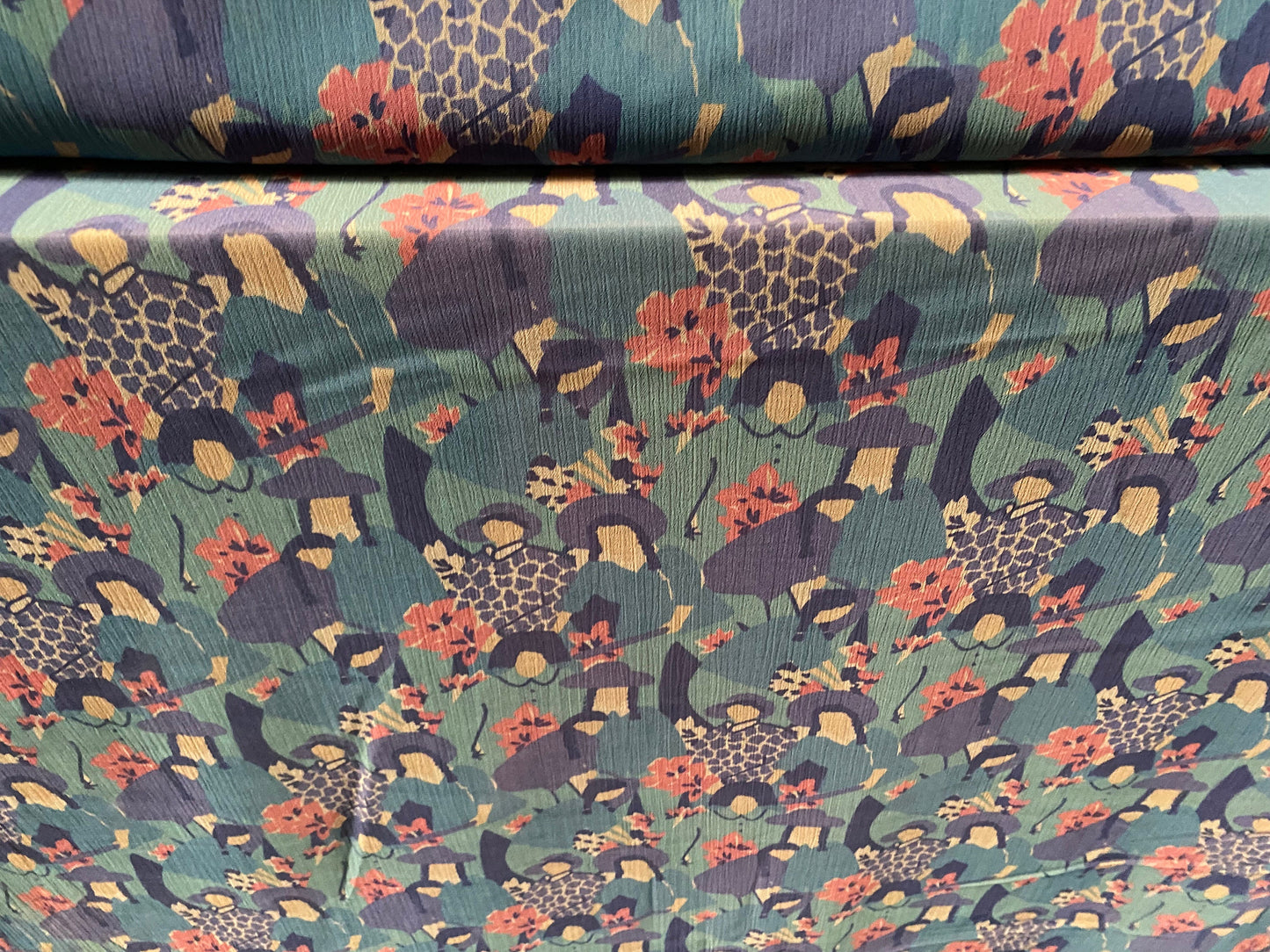 Printed chiffon yoryu dress blouse fabric, per metre - flower women print - teal & pink