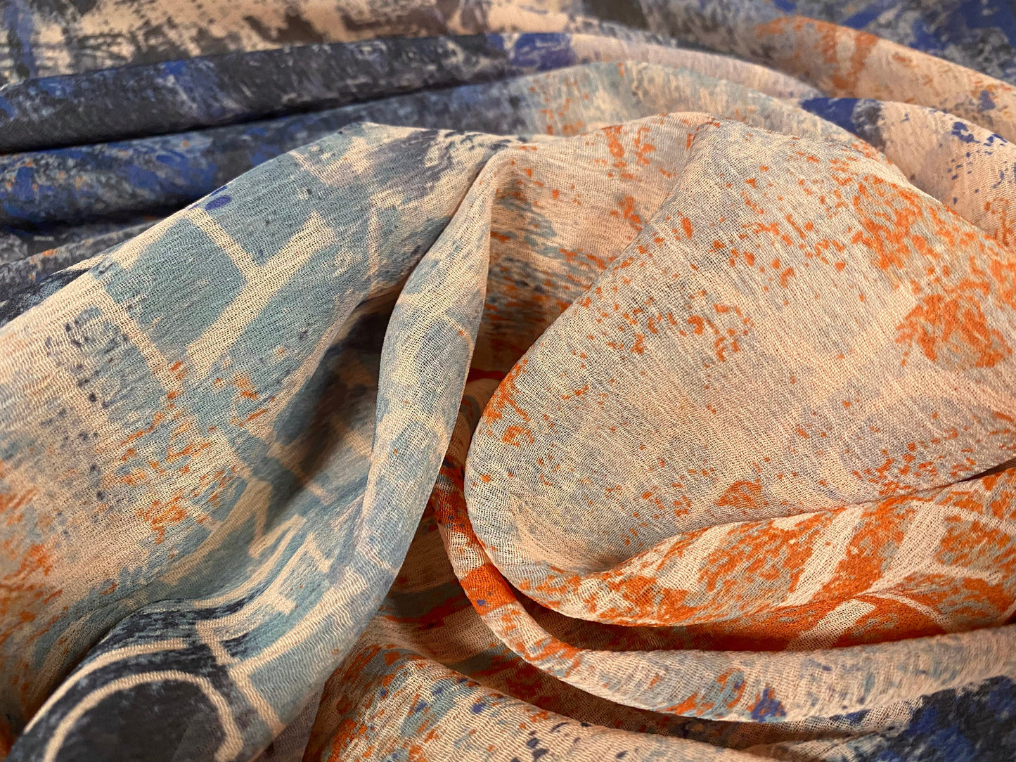 Printed chiffon yoryu dress blouse fabric, per metre - abstract graffiti print - peach & navy blue