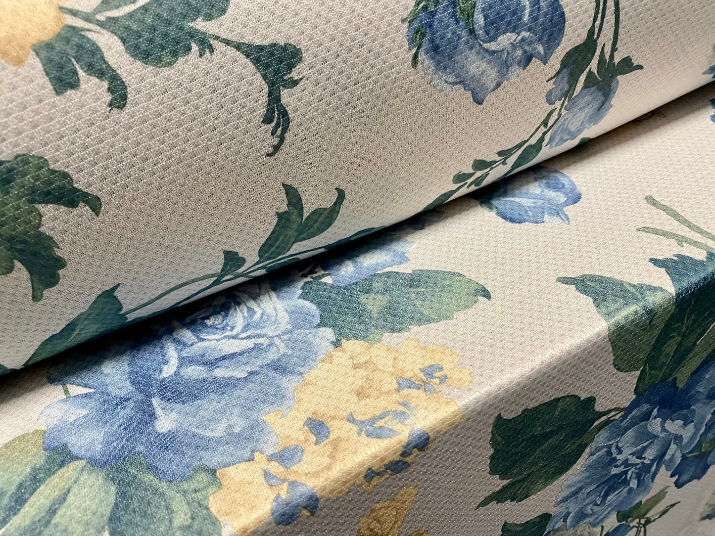 Jacquard jersey textured dress fabric, per metre - pale grey with blue Rose print