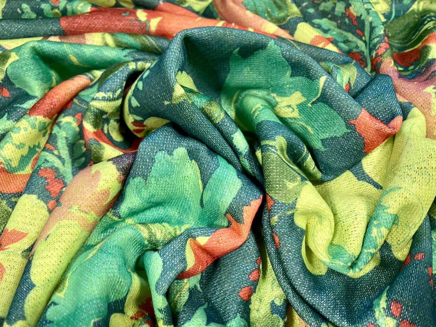 Soft Loopback jersey knitwear fabric, per metre - floral print - green & blue