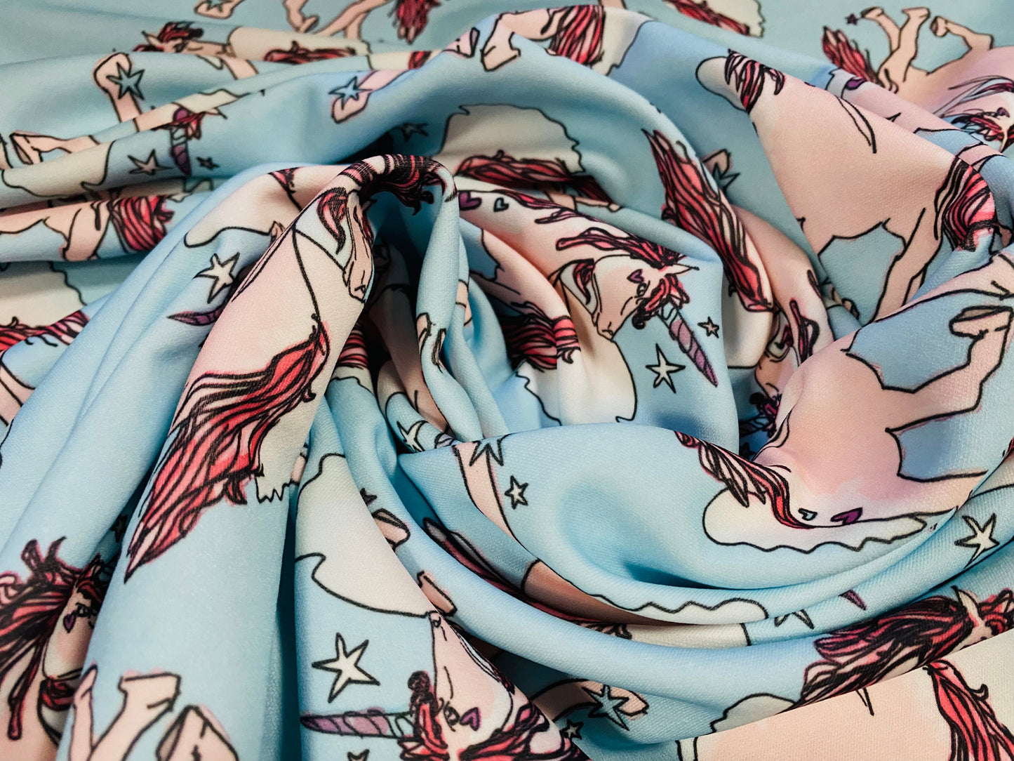 Scuba stretch spandex jersey neoprene style fabric, per metre - Unicorn print - Sky blue & pink
